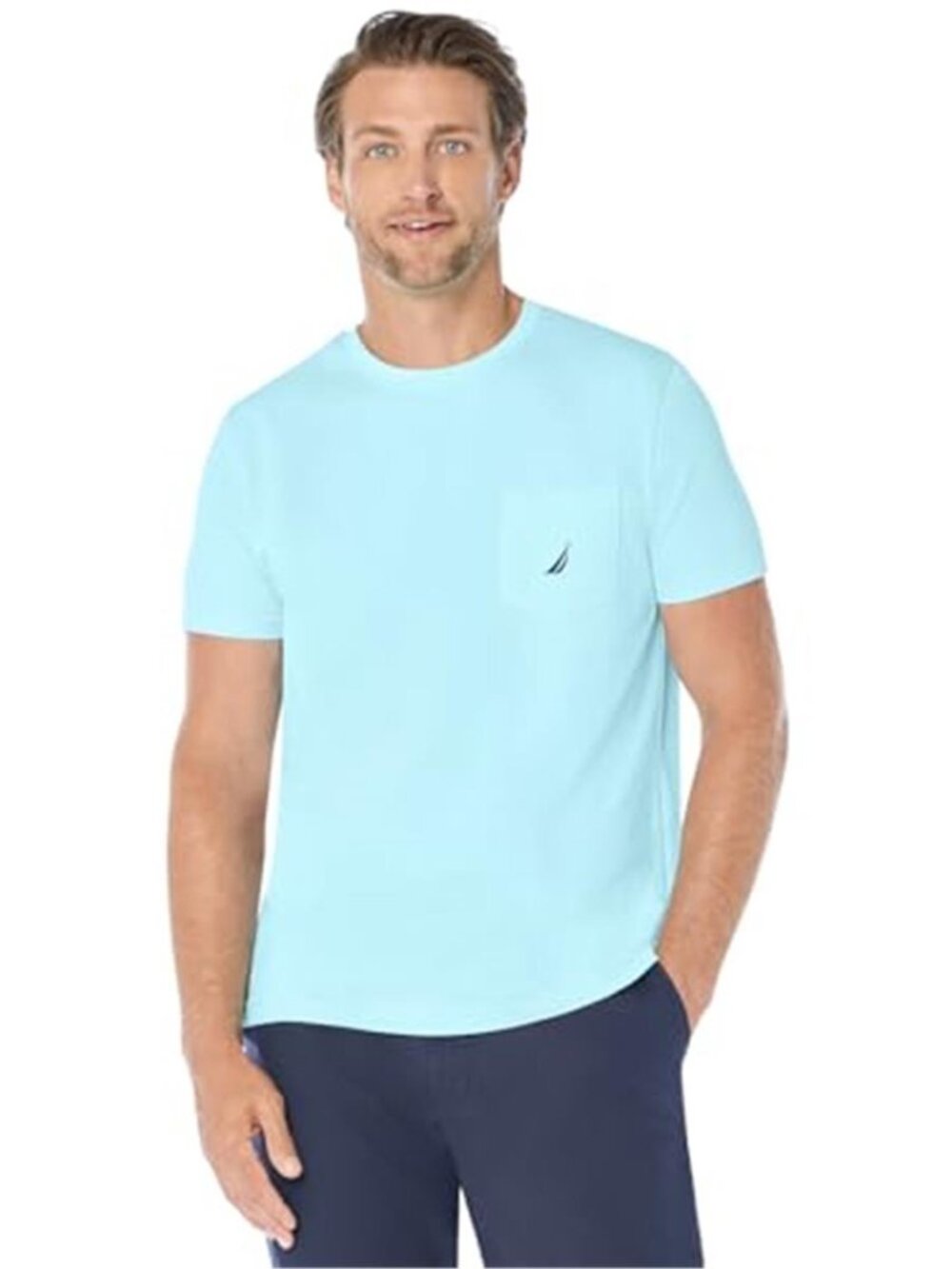 Men Classic Fit Crew Neck Pocket Tee Short Sleeve Aqua Blue Cotton T Shirt